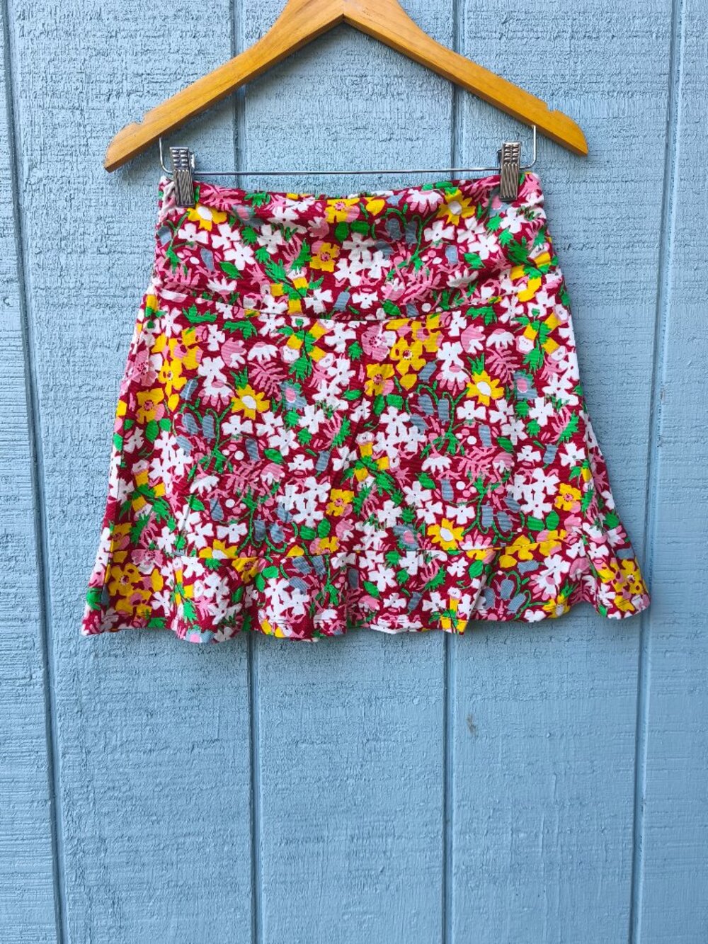 Toad & Co. Chaka Ruffle Organic Cotton Mini Skirt Floral Brick Garden sz S